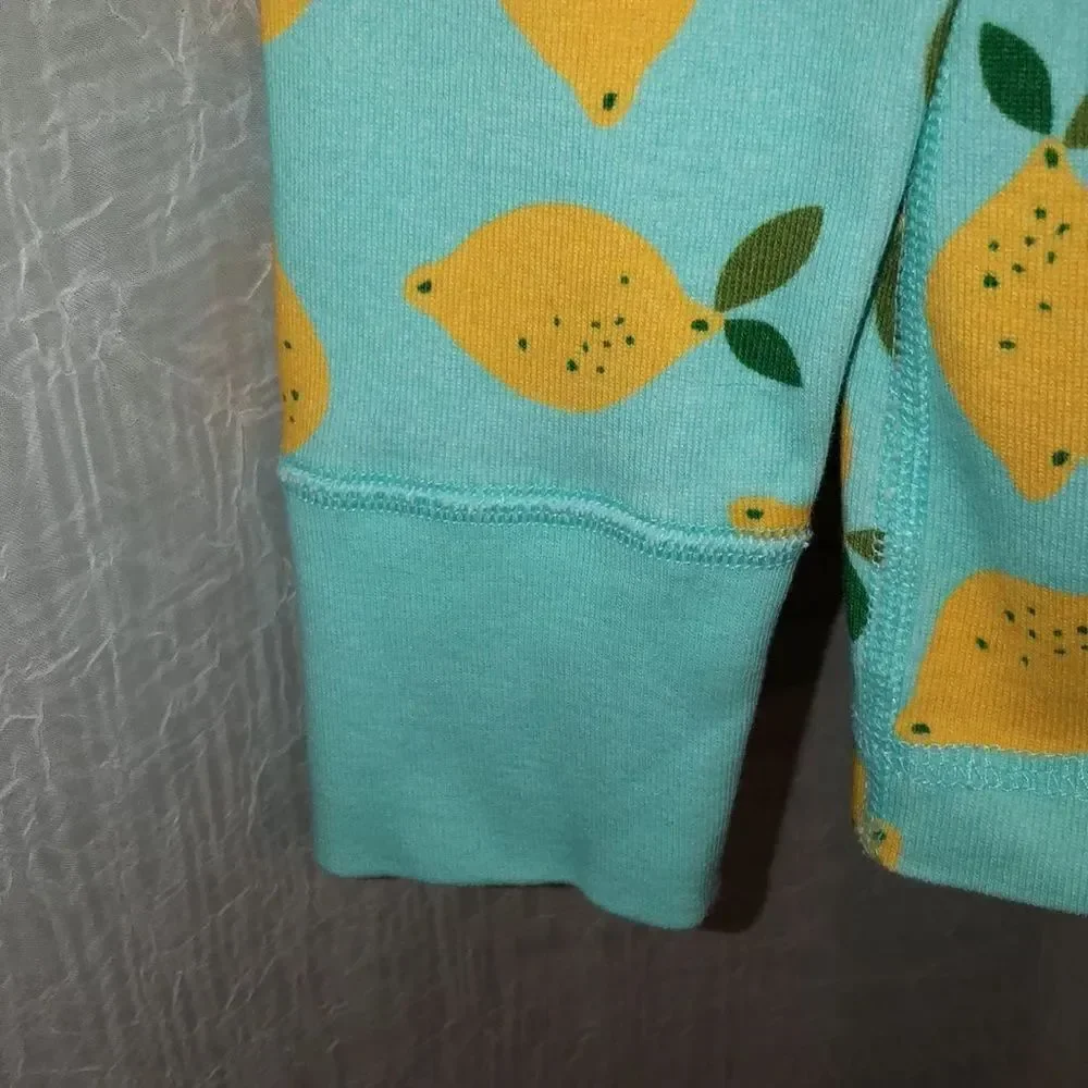HA M Mint Green Yellow 💯Organic Cotton Long Sleeve Pajama Top Lemon Print